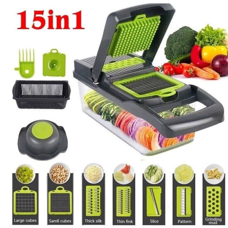 15-in-1 Vegetable Chopper & Slicer Set – 8 Stainless Steel Blades, 1.5L Container, BPA-Free