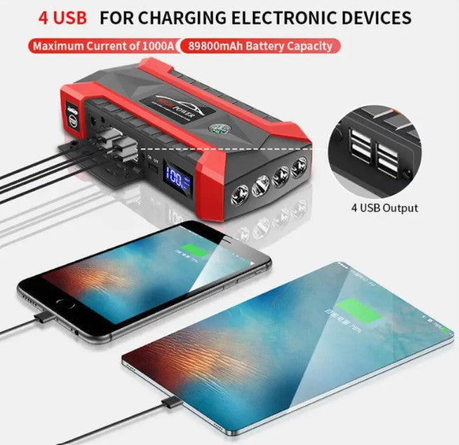 Portable Car Jump Starter – 1000A Peak, 12000mAh Battery Booster with USB, Type-C & LED Flashlight