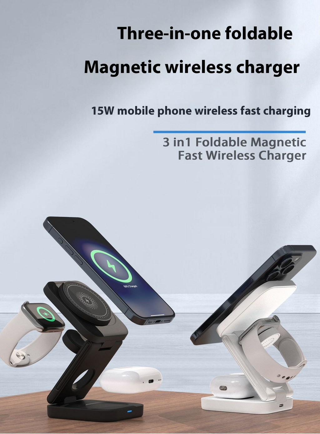 3-in-1 Foldable Magnetic Wireless Charger – 30W for iPhone, Apple Watch & AirPods