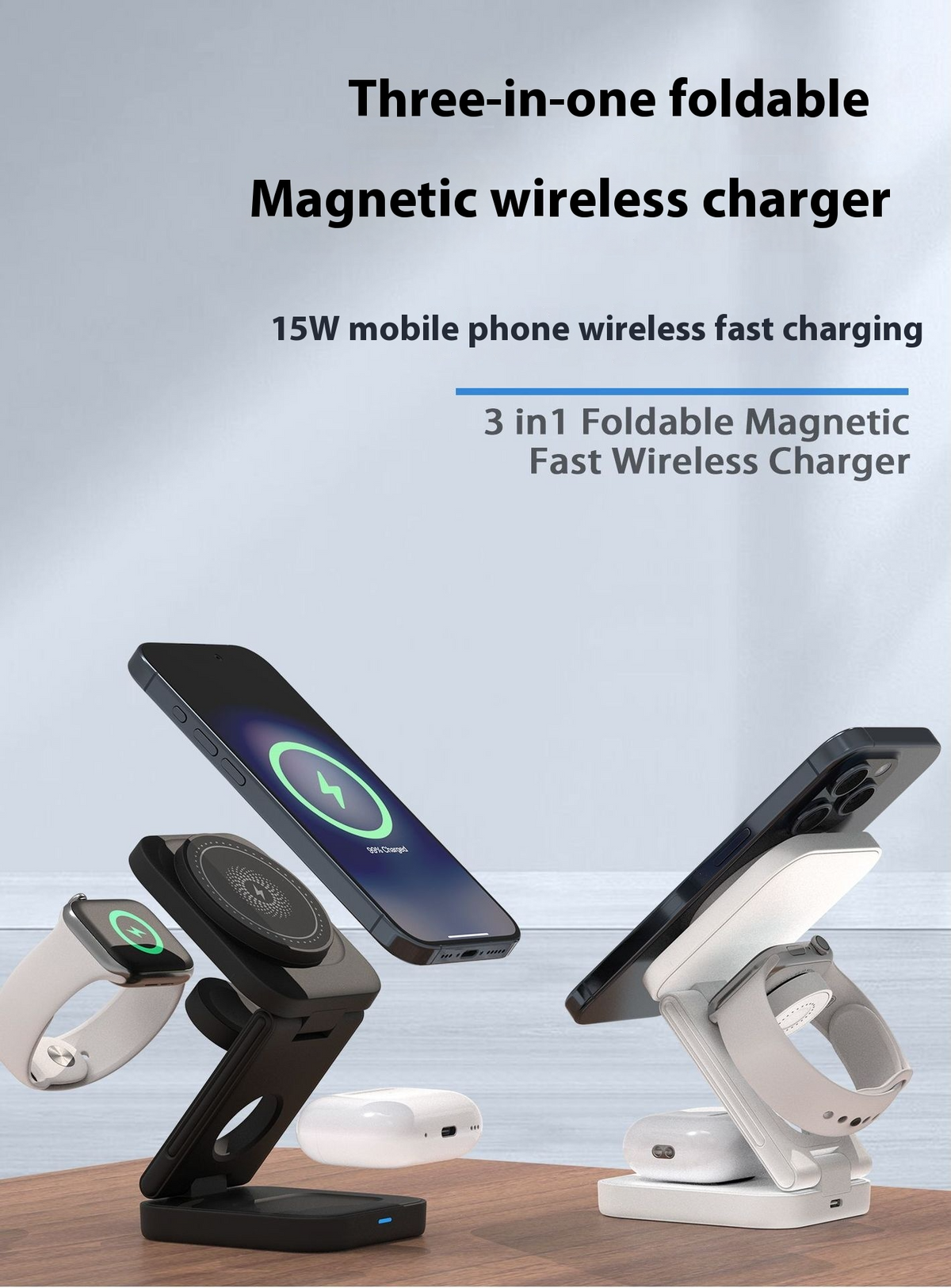 3-in-1 Foldable Magnetic Wireless Charger – 30W for iPhone, Apple Watch & AirPods